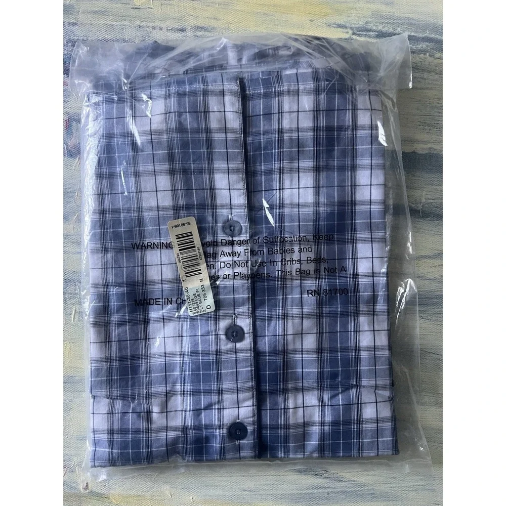 John Blair Mens Pajama Set Large Blue Gray Plaid 60% Cotton NEW Sealed